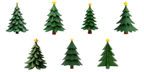 Fototapeta premium Set of eight Christmas tree illustrations featuring various styles, colors, and a star on top, all isolated on transparent background for versatile use.