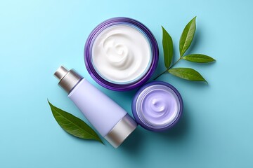 Skincare products with creams and leaves on light blue background