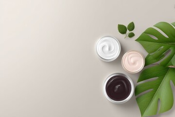 Minimalistic skincare set with creams and green leaves on beige background