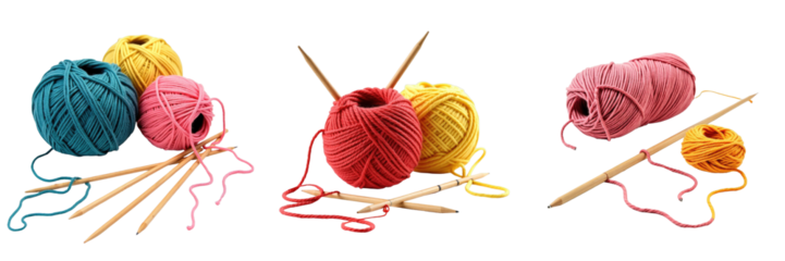 Colorful yarn balls in shades of pink, blue, yellow, and red arranged with wooden knitting needles and crochet hooks, isolated on a transparent background, studio lighting.