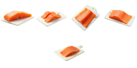 Fresh salmon fillets and slices displayed on white cutting boards isolated on a transparent background showcasing various cuts and textures of fish.