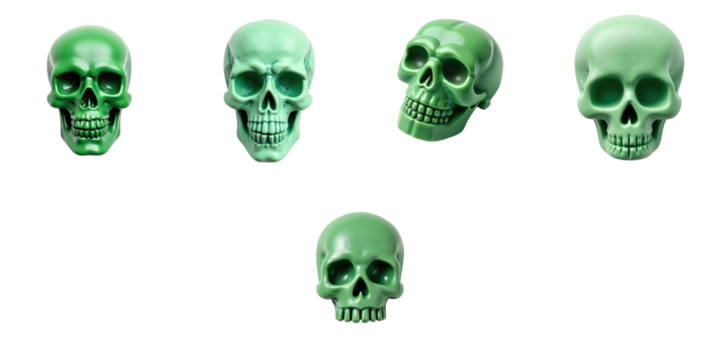 Five green skull-shaped pills arranged in various positions on a transparent background emphasizing their vibrant color and unique design elements.