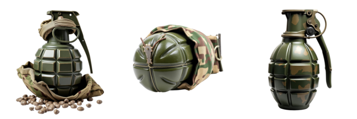 Fragmentation grenade displayed in various angles with camouflage fabric on transparent background, isolated image emphasizing details and textures of grenade design.