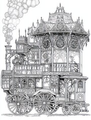 Fototapeta premium Steampunk-Inspired Castle on Wheels Coloring Page for Adults, Featuring Gears and Cogs Inside Walls, Johanna Basford Style Thick Lines