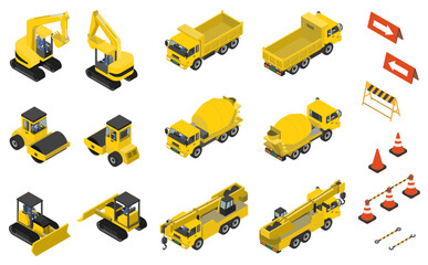 アイソメトリックイラスト：重機と操縦する人セット