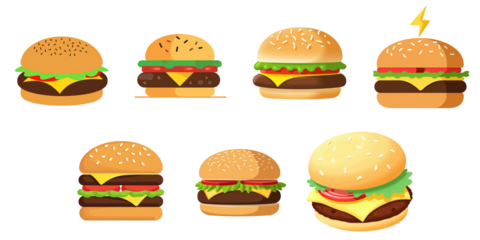 Variety of cartoon style hamburgers with different toppings and styles isolated on transparent background suitable for fast food themes and culinary graphics