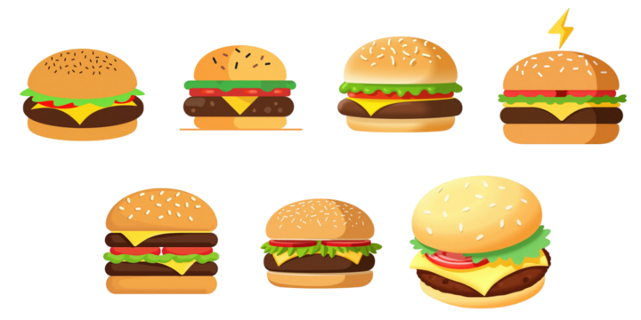 Variety of cartoon style hamburgers with different toppings and styles isolated on transparent background suitable for fast food themes and culinary graphics