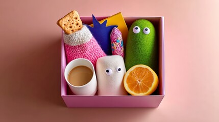 Creative sock puppets and snacks in pink box on peach background