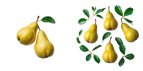 Fresh organic yellow pears on transparent background with green leaves, display of grouped and individual fruits with perfect lighting and sharp detail.