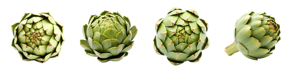 Obraz premium High-resolution closeup of multiple angles of whole artichokes isolated on a transparent background showcasing their unique textures and shapes for culinary or illustrative use.