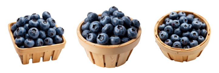 Fresh ripe blueberries in three wooden baskets on transparent background showcasing different sizes and arrangement of the fruit for culinary or food-related themes.