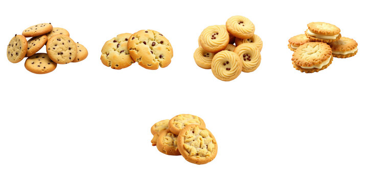 assorted cookies with chocolate chips butter cookies and sandwich cookies isolated on a transparent background arranged in five groups