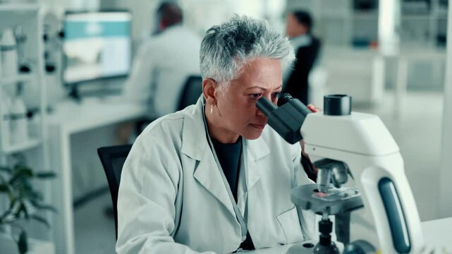 Studying, scientist and woman with microscope, lab and observing plant cells, analysis and research. Clinic, biologist and tech to identify cause of disease, medical professional and mature person