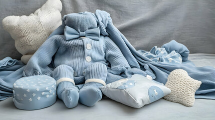 Fototapeta premium Baby Blue Clothes Set With Accessories