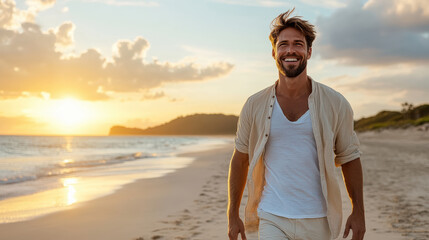 Man walking barefoot along beach during sunset, radiating joy and tranquility