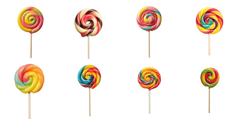 Assorted colorful lollipops in various designs isolated on a transparent background showcasing vibrant swirls and patterns on sticks