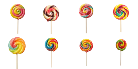 Assorted colorful lollipops in various designs isolated on a transparent background showcasing vibrant swirls and patterns on sticks