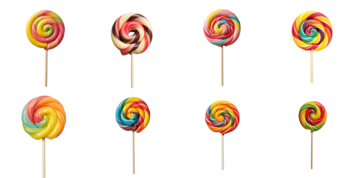 Assorted colorful lollipops in various designs isolated on a transparent background showcasing vibrant swirls and patterns on sticks