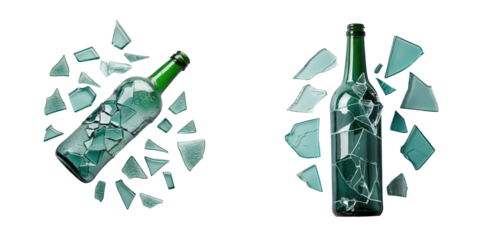 Broken green glass bottle with scattered sharp fragments isolated on a transparent background displaying irregular shattered pieces around the intact bottle