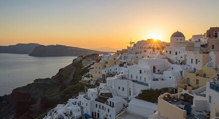Santorini Sunset Village Panorama with Dramatic Lighting
