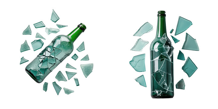 Broken green glass bottle with scattered sharp fragments isolated on a transparent background displaying irregular shattered pieces around the intact bottle