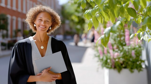 Caucasian adult female graduate smiling outdoors in academic gown - Powered by Adobe