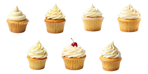 Assorted creamy cupcakes with vanilla frosting isolated on transparent background showcasing different styles and a cherry topped option