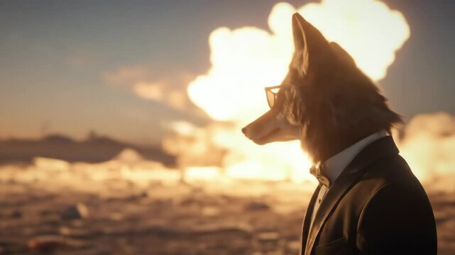 A surreal anthropomorphic cat dressed in a formal suit amidst an explosion background, blending fantasy, fashion, and post-apocalyptic elements in a bold visual statement.