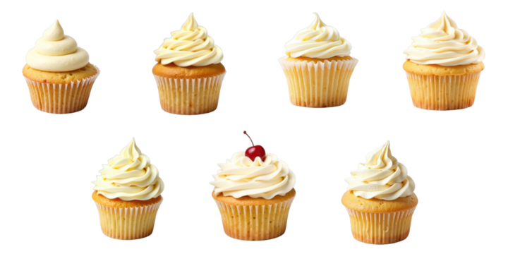 Assorted creamy cupcakes with vanilla frosting isolated on transparent background showcasing different styles and a cherry topped option