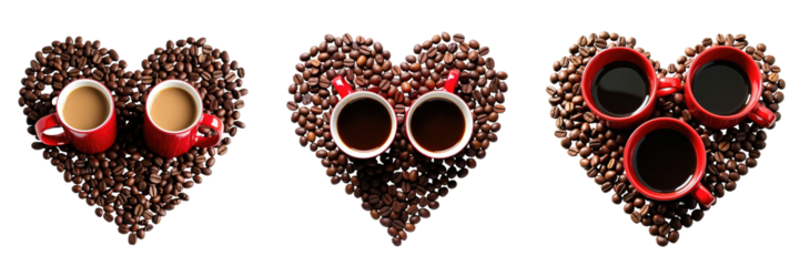 Coffee beans arranged in heart shapes with red mugs filled with coffee in the center on a transparent background highlighting love for coffee and warm beverages