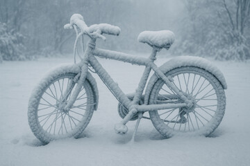 Snow-covered bicycle parked outdoors.