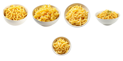 Variety of white bowls filled with different types of pasta isolated on transparent background including spaghetti fusilli and rotini arranged in a straight line