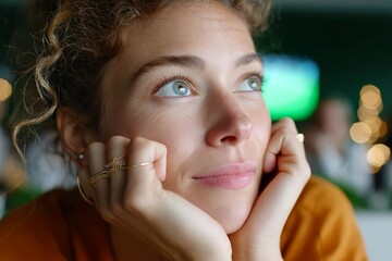 Thoughtful young caucasian female with curly hair