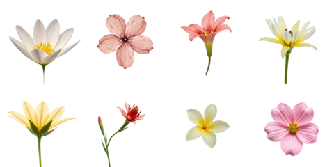 Assortment of various flowers including white lily, pink lily, yellow water lily, cosmos flowers, and more isolated on transparent background with transparent backdrop.