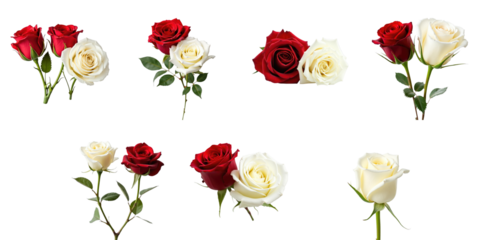 Collection of red and white roses with stems arranged in various positions on a transparent background for floral design and decoration purposes