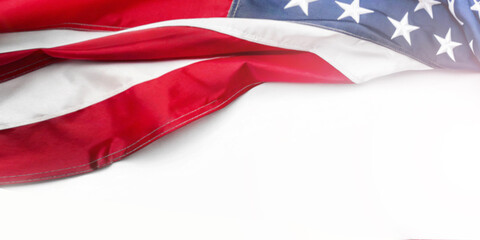 American flag on a white background in the concept of patriotism and Memorial Day for the heroes of the United States with freedom and unity