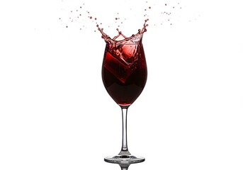 Dynamic splash of red wine in a glass against a crisp white background