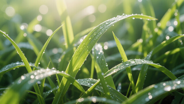 Morning Dew on Fresh Green Grass with Sunlight Filtering Through - Powered by Adobe