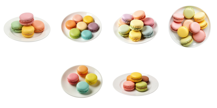 variety of colorful macarons arranged on plates with a transparent background showcasing different shapes and colors in a visually appealing way