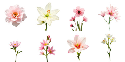 Fototapeta premium Collection of assorted blooming flowers in pastel colors isolated on a transparent background including lilies, pink blossoms and delicate petals arranged aesthetically