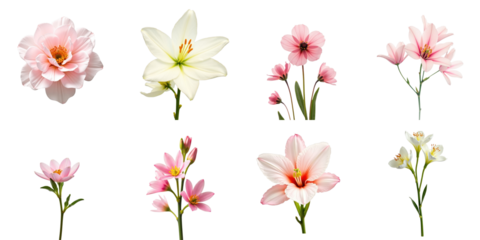 Collection of assorted blooming flowers in pastel colors isolated on a transparent background including lilies, pink blossoms and delicate petals arranged aesthetically