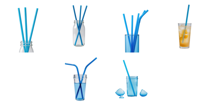 Collection of blue drinking straws in various arrangements placed in different glass containers against a transparent background showcasing versatility and color contrast.