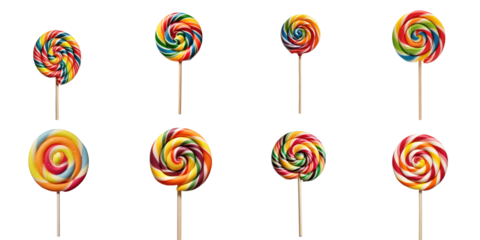 Various colorful lollipops with striped swirls on sticks isolated on a transparent background featuring a range of designs and color combinations for visual appeal