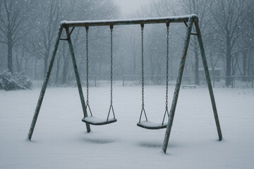 Swing covered in snow, serene winter scene.