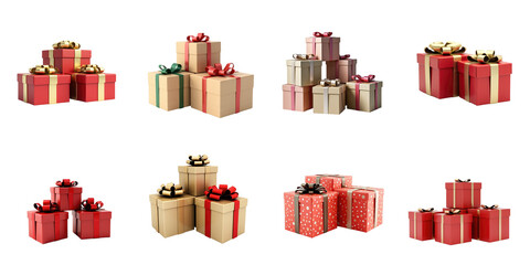 assorted gift boxes in various colors and sizes with ribbons arranged on a transparent background ideal for festive and seasonal themes