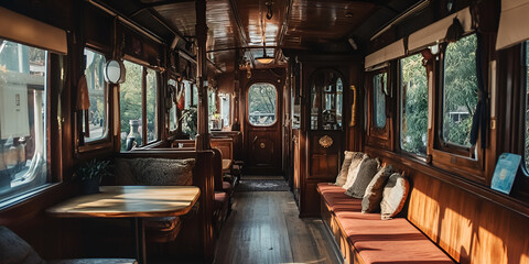 Vintage Train Car Interior: Cozy Seats and Warm Lighting, Nostalgic Journey: A Retro Train Cabin with Wooden Details