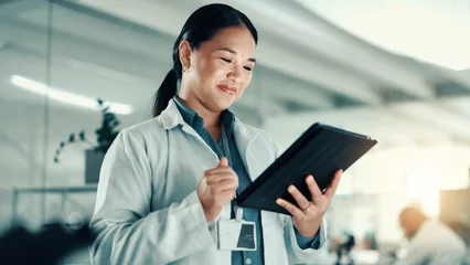 Fototapeten Scientist, woman and happy with tablet at lab for progress report, review and scroll for medical research. Person, smile and digital touchscreen with application for results for pharmaceutical study © peopleimages.com
