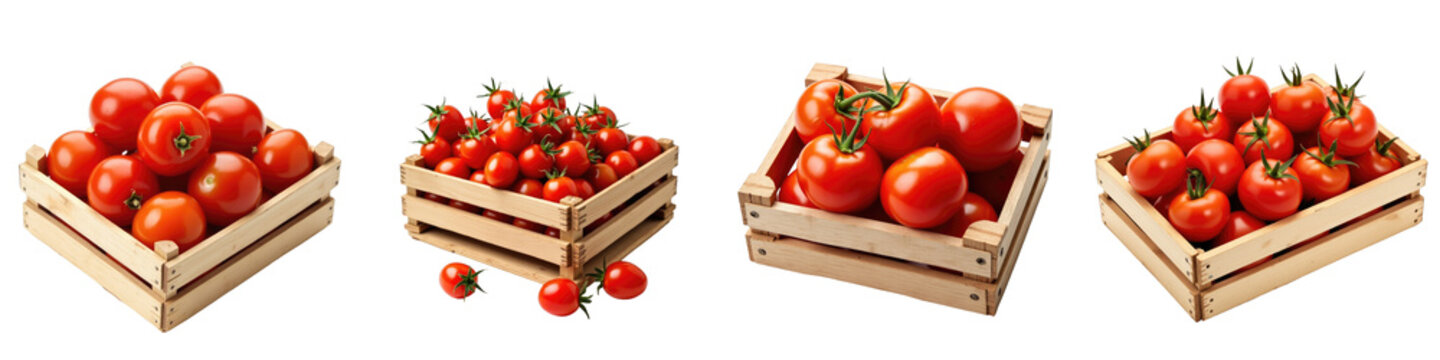 variety of fresh Tomberry tomatoes in wooden crates isolated on transparent background showcasing different arrangements and quantities of the small red fruits