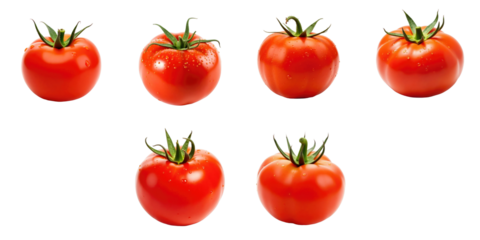 Collection of fresh ripe red tomatoes with water droplets arranged in various orientations isolated against a solid transparent background.