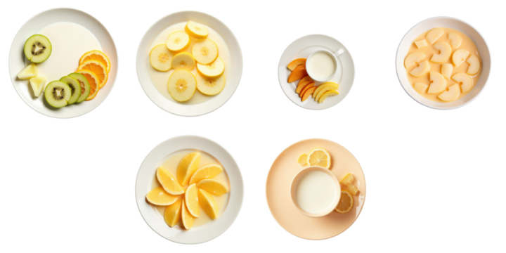 sliced assorted fruits including kiwi banana apple and orange with milk in various plates isolated on transparent background